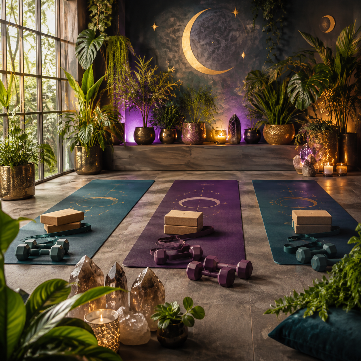 Three yoga mats with blocks and weights in a mystical botanical wellness studio.